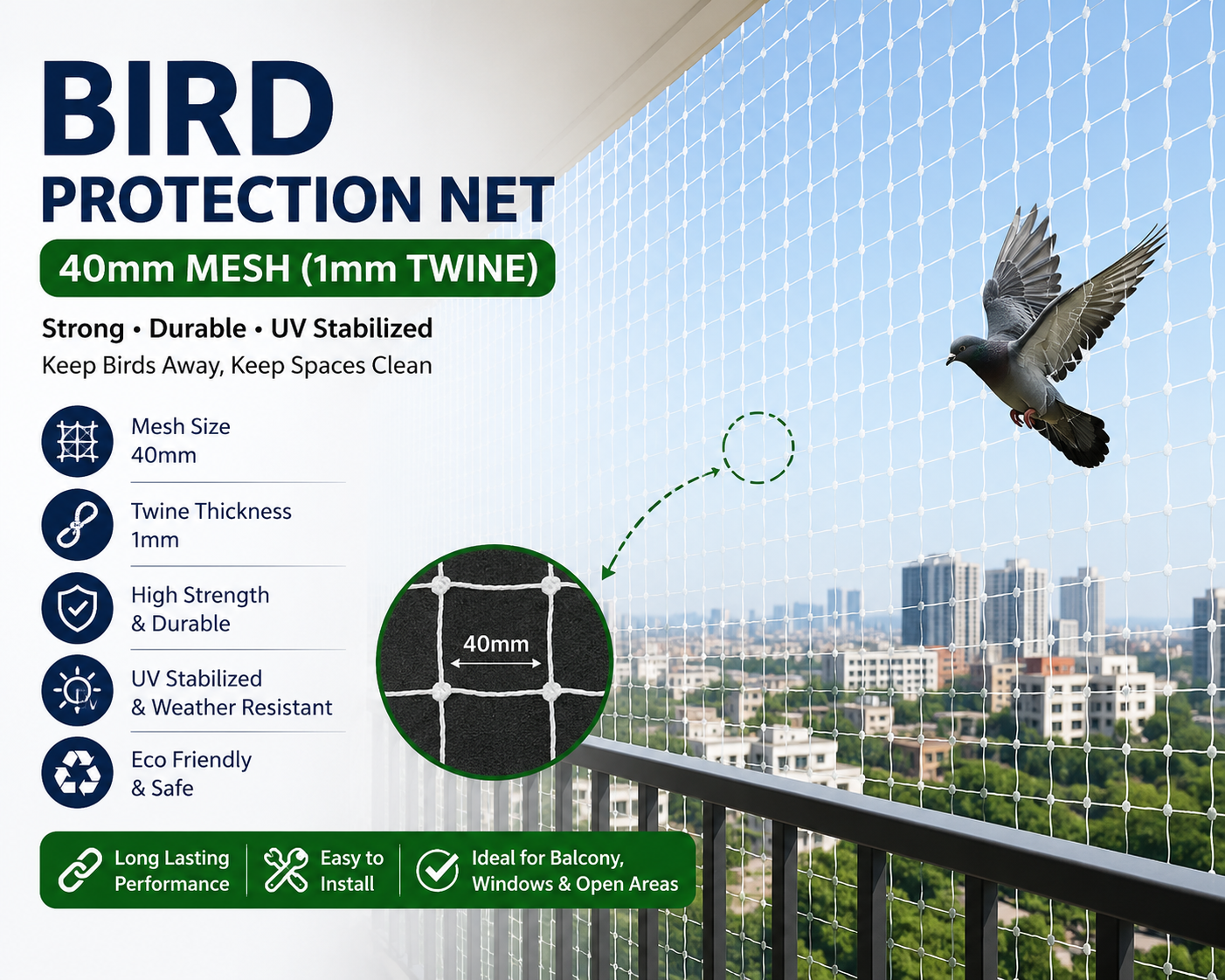 Bird Protection Net – 40mm Mesh (1mm Twine)